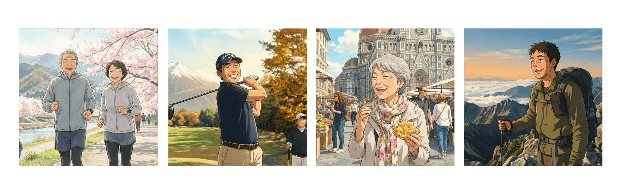 ランニング、旅行、ゴルフ、登山を楽しんでいる人達